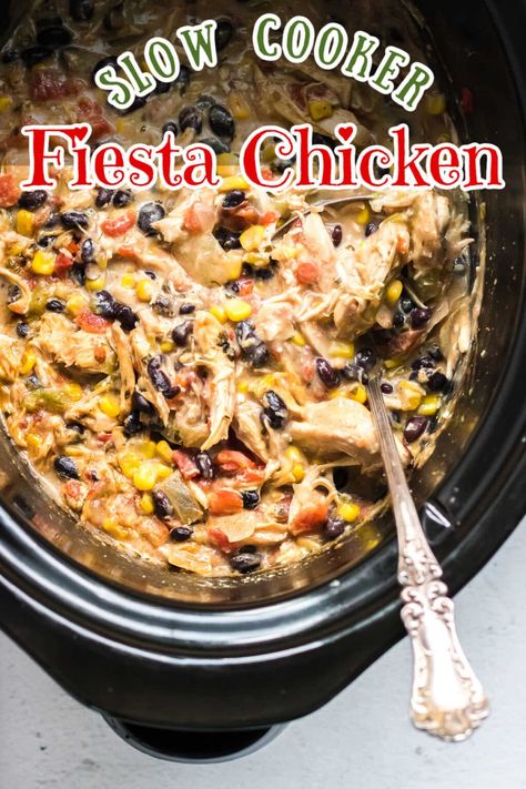 Fiesta Chicken And Rice Crockpot, Tex Mex Chicken Crockpot Easy Recipes, Mexican Dishes In Crockpot, Crock Pot Chicken With Rotel, Crock Pot Fiesta Chicken Recipes, Southwest Chicken Casserole Crockpot, Southwest Chicken Crock Pot, Slow Cooker Fiesta Chicken And Rice, Crockpot Sante Fe Chicken