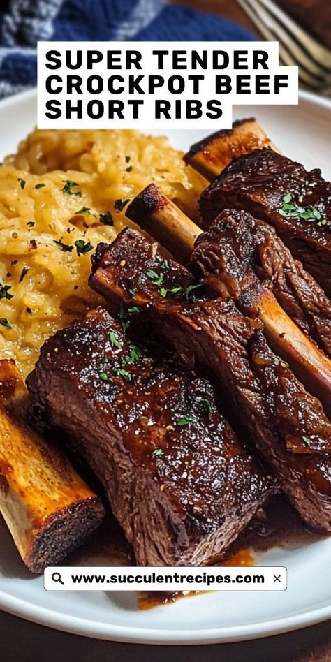 Enjoy melt-in-your-mouth goodness with these Easy Super Tender Crockpot Beef Short Ribs! A hearty, comforting meal made effortlessly in your slow cooker. Recipe For Beef Short Ribs Crock Pot, Bone In Short Ribs Slow Cooker, Easy Beef Short Ribs Dutch Oven, How To Make Short Ribs In Crock Pot, Easy Beef Short Ribs Crock Pot, Bone In Beef Short Ribs Crock Pot, Easy Crockpot Short Ribs, Short Ribs Recipe Crockpot Easy, How To Make Ribs In Crockpot