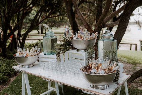 Ceremony Drinks Station, Beverage Table Wedding, Drink Table Wedding Beverage Stations, Engagement Party Drink Table, Drinks Station Wedding, Wedding Drink Table Ideas, Self Serve Wedding Bar Drink Stations, Self Serve Drink Station Wedding, Wedding Drink Display