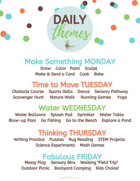 Homeschool Days Of The Week Theme, Preschool Daily Activities, Toddler Summer Weekly Themes, Daily Themes For Classroom, Themed Days For Classroom, Themed Summer Days, Homeschool Daily Themes, Daycare Theme Days, Week Of The Young Child Activities 2024