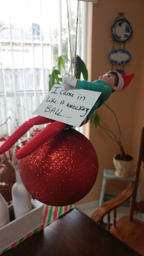 Elf On The Shelf Ornaments, I Came In Like A Wrecking Ball, Elf On The Shelf Ornament Idea, Elf On The Shelf Stuffed Balloon, Elf Wrecking Ball, Quick Elf On The Shelf Ideas, Wlf On The Shelf, Wrestling Elf On The Shelf, Elf On Shelf Funny