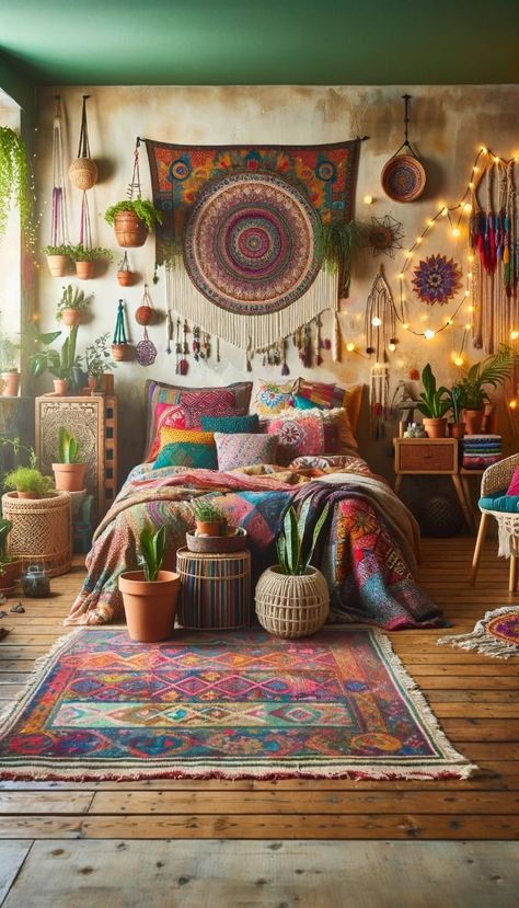 Transform your bedroom into a chic retreat with these 21 fabulous carpet ideas. Explore a variety of styles and textures to create the ultimate cozy haven.n---nA bohemian bedroom with a colorful, patterned carpet, a bed with mismatched, vibrant bedding, eclectic furniture, and an array of hanging plants. The walls are adorned with tapestries and fairy lights, and there's a macrame wall hanging above the bed. Boho Wall Hanging Above Bed, Bedding Eclectic, Boho Bedroom Lighting, Bedroom Carpet Ideas, Ultra Modern Furniture, Vibrant Bedding, Futuristic Bedroom, Japanese Style Bedroom, Chic Apartment