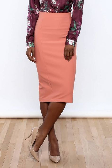 odAOMO Salmon Jersey Pencil Skirt Semi-formal Spring Pencil Skirt, Coral Pencil Skirt Outfit, Spring Knee-length Ruched Pencil Skirt, Pink Midi-length Pencil Skirt For Spring, Pink Fitted Knee-length Pencil Skirt, Waist Skirt, Midi Length, Pencil Skirt, High Waisted Skirt