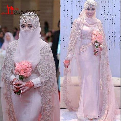 New Muslim Arabic Mermaid Chiffon Wedding Dresses High Neck Long Bridal Gowns With Sash Beaded Crystal Wedding Dresses For Bridesmaids, Islamic Wedding Dresses, Islamic Wedding Dress, Arabic Wedding Dresses, Pink Wedding Gowns, Baju Kahwin, Projek Menjahit, Long Bridal Gown, Muslimah Wedding Dress