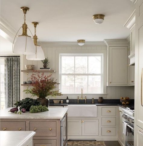 Traditional Home Renovation, 8 Ft Ceiling Kitchen, Kitchen With Soffit, Paneling In Kitchen, 8 Foot Ceiling Kitchen, Kitchen Window Trim, Low Ceiling Kitchen, Trendy Farmhouse Kitchen, Taupe Kitchen