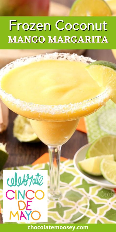 Enjoy a Frozen Coconut Mango Margarita when you Celebrate Cinco de Mayo! This tropical drink is made with coconut milk and a salted coconut rim. Both tequila and virgin mango margarita recipes included so everyone can enjoy. These mango margaritas are frozen thanks to the chilled mango. I personally hate ice cubes in my drinks, so I skipped the crushed ice. Virgin Mango Margarita, Mango Alcoholic Drinks, Virgin Margarita Recipes, Mango Margarita Recipes, Virgin Mango Margarita Recipe, Virgin Margaritas, Recipe With Coconut Milk, Virgin Margarita, Mango Margaritas