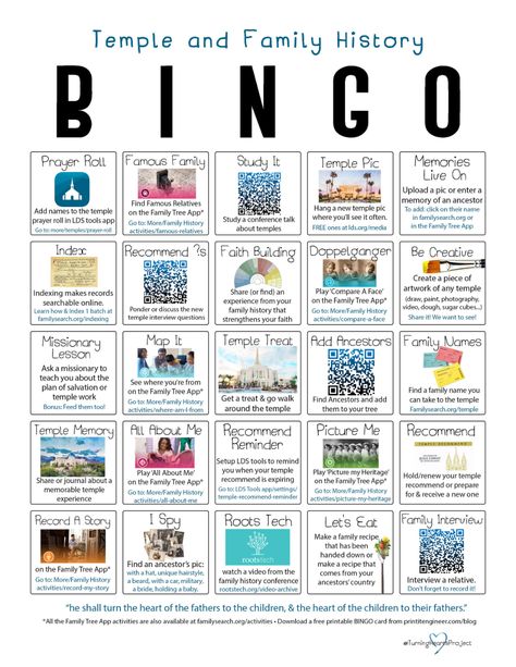 Temple & Family History BINGO Cards- a fun and simple way for people to get involved in family history without feeling overwhelmed. Great for all ages. Play as a family, class, ward, or invdividually. Get this free printable from printitengineer.com Family History Ward Activity, Relief Society Temple And Family History Activities, Fun Family History Activities, Lds Primary Family History Activities, Temple And Family History Ward Activities, Relief Society Temple Activities, Temple And Family History Plan, Family Search Activity, Ward Temple And Family History Plan