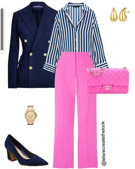 Tanasha- Outfit Ideas & Everyday Style | Navy Blazer - 10 Outfit Ideas A navy blazer is a classic wardrobe staple that instantly elevates any look. Here are 10 easy to recreate… | Instagram Blue With Pink Outfit, Navy Pin Stripe Pants Outfit, Navy And Fuschia Outfit, Hot Pink And Navy Blue Outfit, Professional Pink Outfit, Colorful Classic Style, Blazer Outfits Work, Pink And Blue Outfits For Women, Pink And Navy Blue Outfit