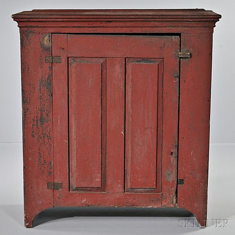 Red-painted Jelly Cupboard Primitive Cabinets, Jelly Cupboard, Primitive Cupboards, Primitive Bedroom, Primitive Walls, Painted Cupboards, Kitchen Artwork, Primitive Homes, Vintage Farmhouse Decor