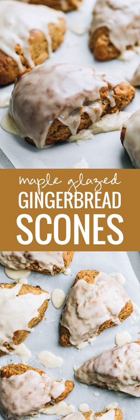 Maple Glazed Gingerbread Scones - the most cozy winter breakfast treat, especially perfect with a mug of hot coffee! Glazed Gingerbread, Gingerbread Scones, Apple Scones, Winter Breakfast, Vegan Gingerbread, Pane Dolce, Holiday Foods, Think Food, Scone Recipe