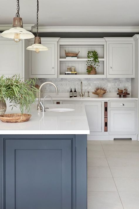 Blue Paint Ideas, House Nine Design, Kitchen With Blue Cabinets, Traditional Farmhouse Kitchen, Blue Kitchen Designs, Kitchen Cabinet Color, Grey Blue Kitchen, Blue Kitchen Island, Blue Farmhouse