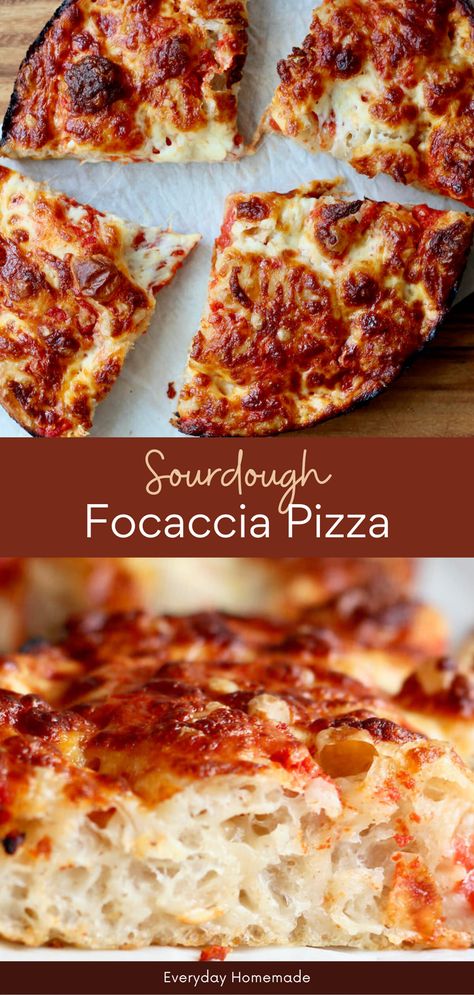 Elevate your pizza night with this easy Sourdough Focaccia Pizza recipe! This Italian-inspired pan pizza combines the best of focaccia and Detroit-style pizza, featuring crispy edges, a fluffy, soft interior, and a tangy taste from sourdough starter discard. The perfect dinner or appetizer, it requires no yeast and can be prepared the same day or overnight. Enjoy a delicious twist on classic pizza! Focaccia Bread Pizza Recipe, Over Night Sour Dough Recipe, Sourdough Discard Focaccia Recipes, Sourdough Recipes Focaccia, Sourdough Deep Dish Pizza Dough, Sourdough Pizza Foccacia Recipe, Pizza Dough With Sourdough Starter, What Can I Make With Sourdough Starter, Sourdough Pizza Recipe