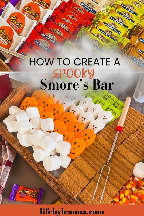 Check out this festive Halloween s'mores bar! This guide shows you how to create a fun and spooky s'mores setup with creative Halloween dessert ideas perfect for kids and adults alike. Learn how to design a s'mores bar that features unique Halloween food ideas, from themed marshmallows to creative toppings. Perfect for adding a delicious twist to your Halloween food ideas for parties. Click to explore step-by-step instructions for crafting the ultimate Halloween s'mores experience! Smores With A Twist, Halloween Party Smores Bar, Sterno Smores Bar, Halloween S’mores Charcuterie, Halloween Snack Bar Ideas, Halloween Smores Charcuterie Board, Halloween Bar Setup, Easy S’mores Board, Smore Bar Ideas