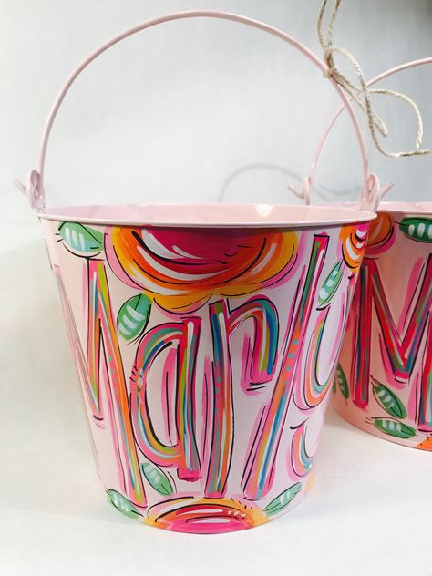 Sprinkle Art, Painted Easter Bucket, Painted Easter Baskets, Painted Buckets, Easter Pail, Creative Easter Baskets, Metal Pail, Easter Buckets, Paint Buckets