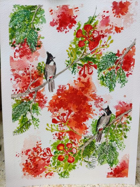 A watercolour painting of bulbuls in a gulmohar tree from Bangalore, South India Gulmohar Tree Illustration, Gulmohar Flowers Painting, Gulmohar Painting, Tree Watercolour Painting, Gulmohar Tree, Watercolor Transparency, Tree Watercolour, Contemporary Botanical Art, Tree Watercolor Painting