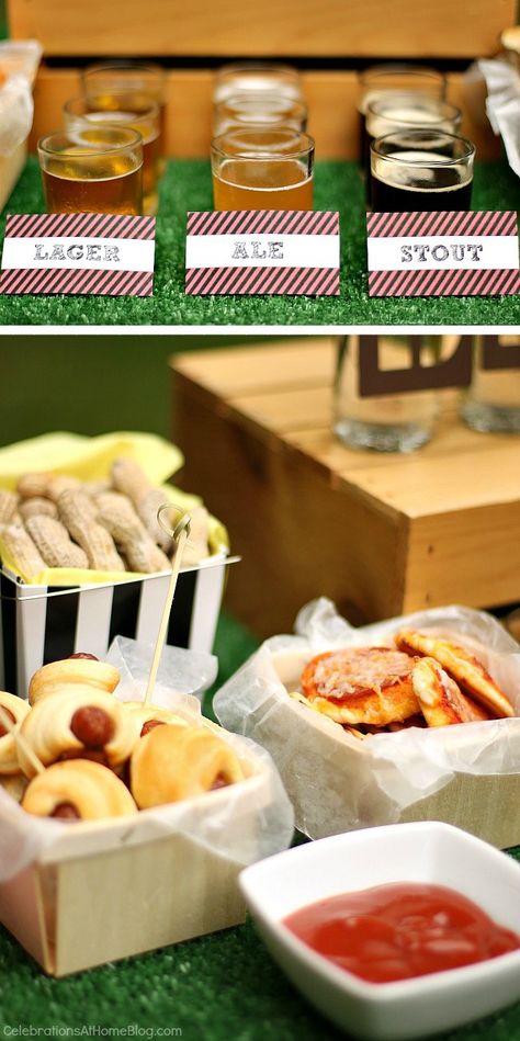 Host a game day party with a beer tasting bar, with these ideas, tips, and images to inspire you; football party; beer tasting party; Beer Tasting Parties, Beer Flight, Game Day Party, Diy Beer, Pizza And Beer, Easy Party Food, Beer Fest, Beer Party, Tasting Party