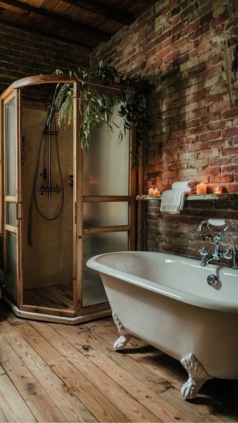 High Ceiling Shower Ideas, Exposed Beams Bathroom, Brick Walk In Shower Ideas, Bathroom With Beams, Shower Rooms Walk In, Rustic Bathroom With Clawfoot Tub, Bathroom Ideas Western, Brick Wall In Bathroom, Brick In Bathroom