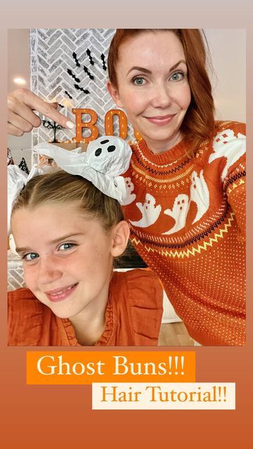 Easy Crazy Hair Day For Teachers, Halloween Buns Hair, Halloween Wacky Hair Day, Ghost Space Buns Hair, Crazy Hair Day Space Buns, Ghost Crazy Hair Day, Fall Crazy Hair Day, Ghost Space Buns, Boo Buns Hair Kids