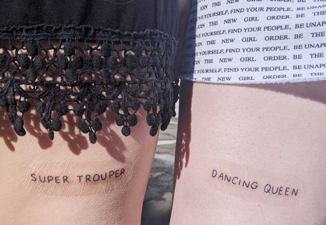 Super Trouper Tattoo, Dancing Queen Tattoo Mamma Mia, Mamma Mia Inspired Tattoo, Mamma Mia Super Trouper, Dancing Queen Tattoo, Mama Mia Tattoo, Abba Super Trouper, Mamma Mia Tattoo, Abba Tattoo