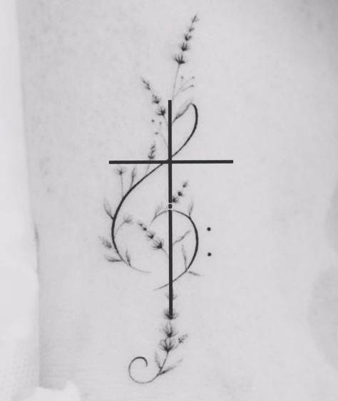 Cross Treble Clef Tattoo, Cross Music Note Tattoo, Fine Line Treble Clef Tattoo, Music Healing Tattoo, Color Guard Tattoos, Music Spine Tattoo, Christian Music Tattoo, Flower Music Tattoo, Music Tattoo Simple