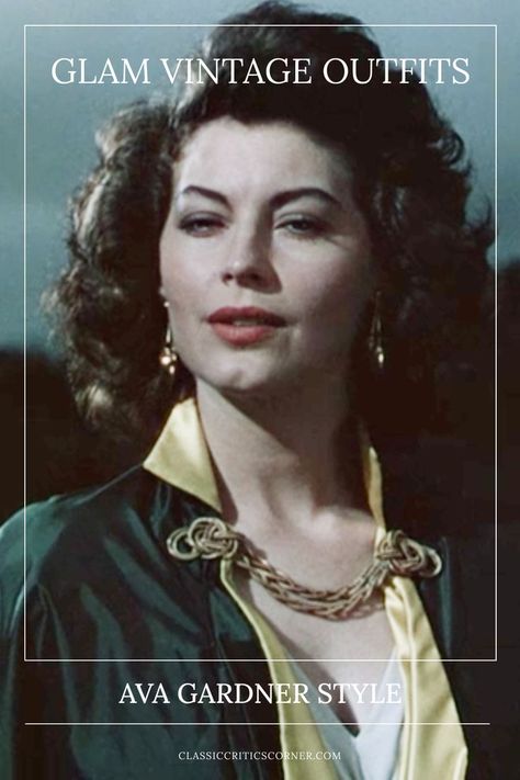 Picture of Ava Gardner style where she is wearing vintage style outfits 1950s, with the text overlay, "Glam Vintage Outfits, Ava Gardner Style" Vintage Style Outfits 1950s, Ava Gardner Style, 1950s Fashion Women Dresses, 1950s Fashion Women Casual, Gardner Aesthetic, The Flying Dutchman, 1950s Fashion Women, Vintage Fashion 1950s, Flying Dutchman