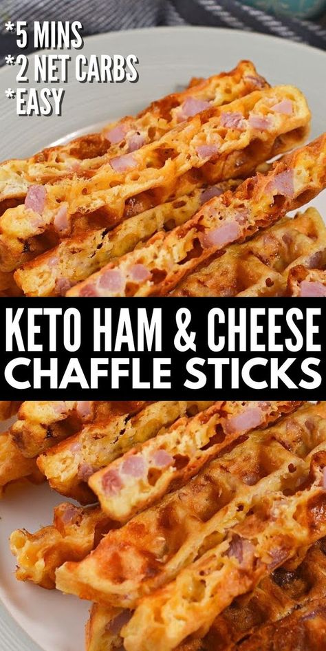 Keto Ham & Cheese Chaffle Sticks - These ham and cheese chaffle sticks are perfect to pack for lunch or serve for breakfast and even brunch! Only 2 net carbs per serving! Keto #Ketodiet #Ketorecipes #Ketochafflesticks #ketohamandcheesechaffle #ketochaffle #brunchrecipes #lunch #food #recipes Bariatric Ham Recipes, Pumpkin Chaffles Keto, Chaffle Lunch Ideas, Keto Chicken Waffles Recipe, Pork Rind Chaffle, Chaffle Recipes No Almond Flour, Waffle Iron Cheese Sticks, Ham And Cheese Chaffles, Ham And Cheese Chaffle Keto