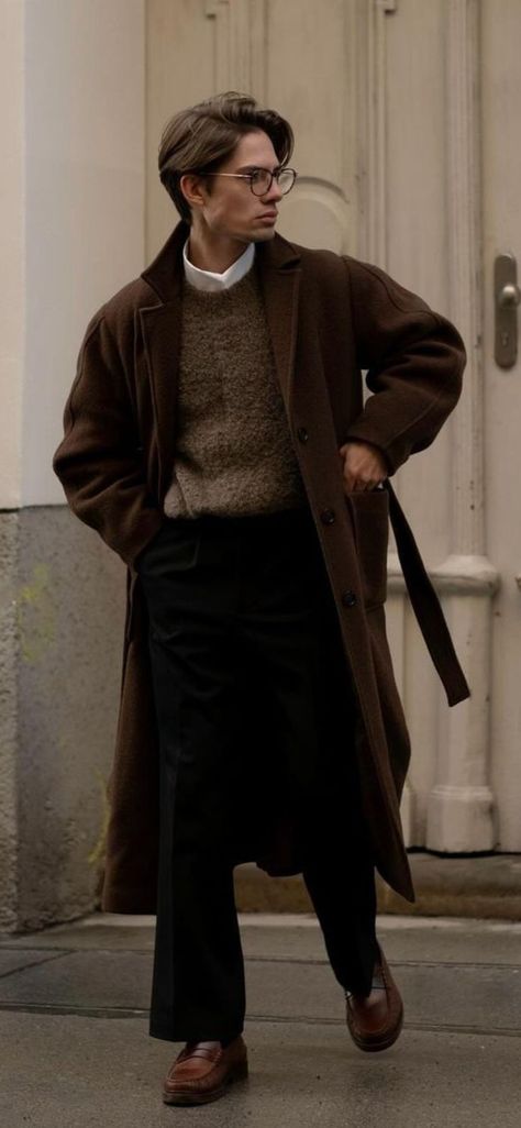 Men Light Academia Outfit, Bear Men Style Mens Fashion, Formal Male Attire, Librarian Man Aesthetic, Different Types Of Coats Men, Mens Brown Jacket Outfit, Trad Styles For Men, Brown Corduroy Outfit Men, Intellectual Aesthetic Man