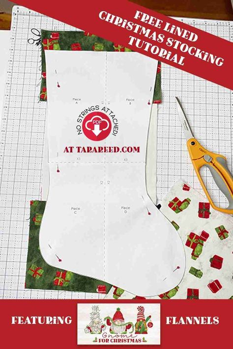 FREE TUTORIAL: Sew Christmas stockings with the free instructions and template featuring Gnome for Christmas Flannel by Tara Reed for Riley Blake Designs. Diy Xmas Stockings How To Make, Lined Christmas Stocking Tutorial, Felt Stocking Pattern Free Templates, Christmas Sewing Patterns Free Printable, Large Christmas Stocking Pattern Free, Easy Stocking Pattern, Free Christmas Stocking Patterns To Sew, Christmas Stocking Pattern Free Sewing, Stocking Pattern Free Templates