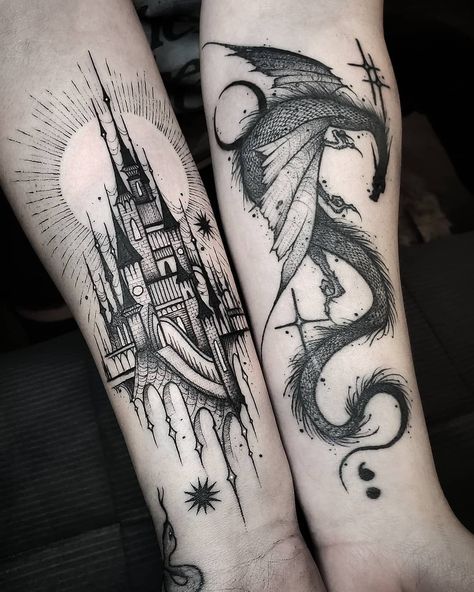 Out of Step Books & Gallery on Instagram: “#Castle and #dragon #tattoos by @thomasetattoos who is always killing it with the outstanding #blackwork #tattoos that he creates! Visit…” Thestral Tattoo, Shin Tattoo, Castle Tattoo, Creature Fantasy, Fantasy Tattoos, Halloween Tattoo, Dragon Tattoo Designs, Most Popular Tattoos, Halloween Tattoos