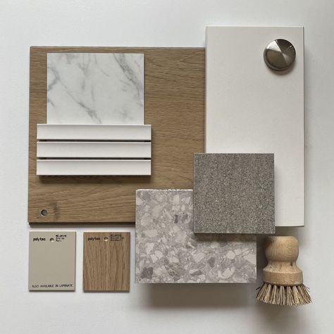 Terrazzo Moodboard, Grey Terrazzo Floor, Kit Kat Tiles, Laminate Benchtop, Terrazzo And Wood, Grey Wall Tiles, Materials Board Interior Design, Laminate Wall, Mood Board Interior