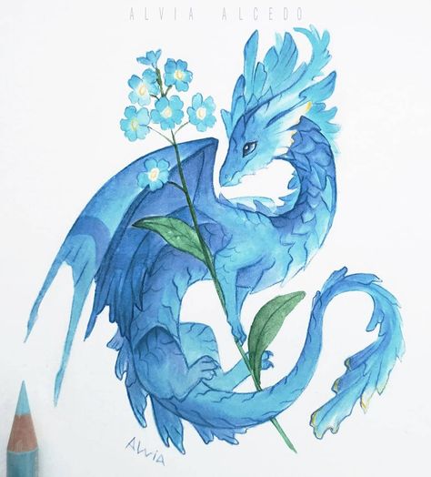 Dragons Fantasy Art, Flower Dragon, Sky Dragon, Cute Dragon Drawing, Dragon Artwork Fantasy, Forget Me Not Flower, Dragon Sketch, Cute Fantasy Creatures, Creature Drawings