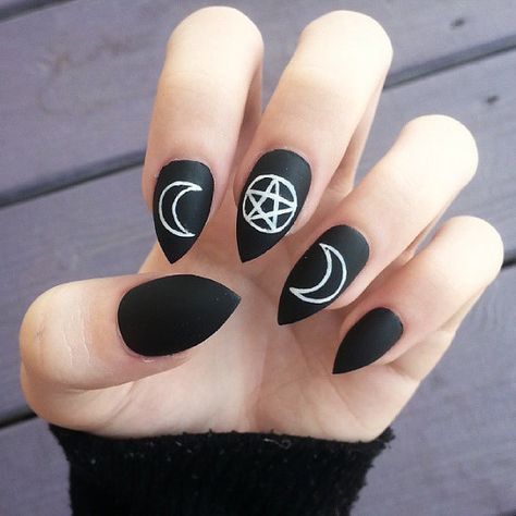 Occult fake hand-painted stiletto nails Witchy Nails Simple Moon, Boho Goth Nails, Witchy Dip Nails, Simple Witchy Nail Designs, Witch Nail Art Goth, Simple Witch Nails, Goth Nail Art Short, Hecate Nails, Witchy Nails Acrylic