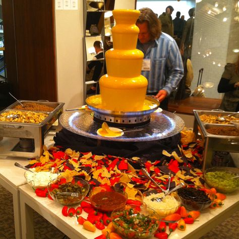 Oh my is that a nacho cheese fountain???Make your own nachos! Nacho Cheese Fountain, Cheese Fountain, Bridal Fiesta, Shopkins Bday, Wedding Food Stations, Pool Cabanas, Nacho Bar, Chocolate Fountain, Food Bars