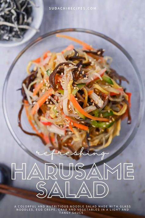 Japanese Glass Noodle Salad, Harusame Salad Recipe, Japanese Noodle Salad, Japanese Salad Recipes, Egg Crepe, Clear Noodles, Easy Asian Noodle Recipes, Asian Veggies, Glass Noodles Recipe