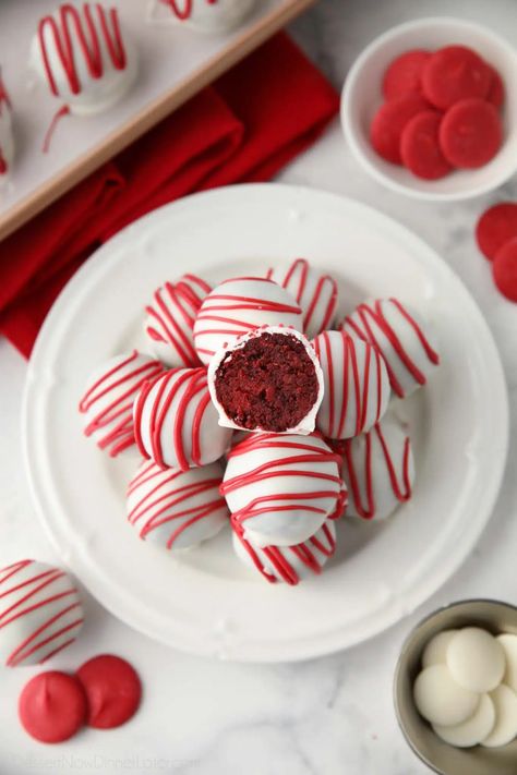 Red Velvet Truffles with Cake Mix | Dessert Now Dinner Later Valentines Cakes And Cupcakes, Valentines Day Dessert, Red Velvet Truffles, Valentines Desserts, Valentines Party Food, Valentines Recipes Desserts, Red Desserts, Dessert Truffles, Red Velet