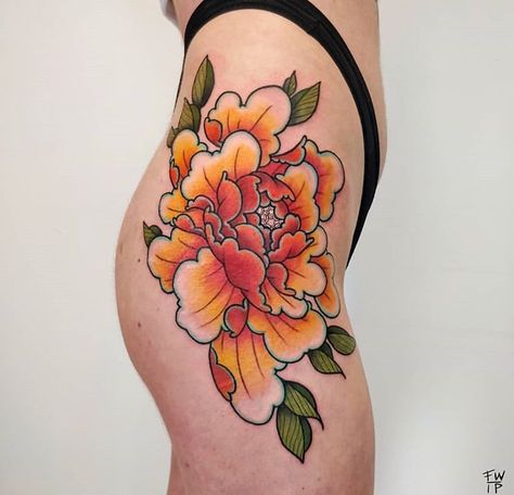 Yellow Peony Tattoo, Orange Peony Tattoo, Traditional Peony, Japanese Tatto, Traditional Japanese Tattoo Flash, Mum Tattoo, Traditional Tattoo Flowers, Peony Tattoo, Tattoo People