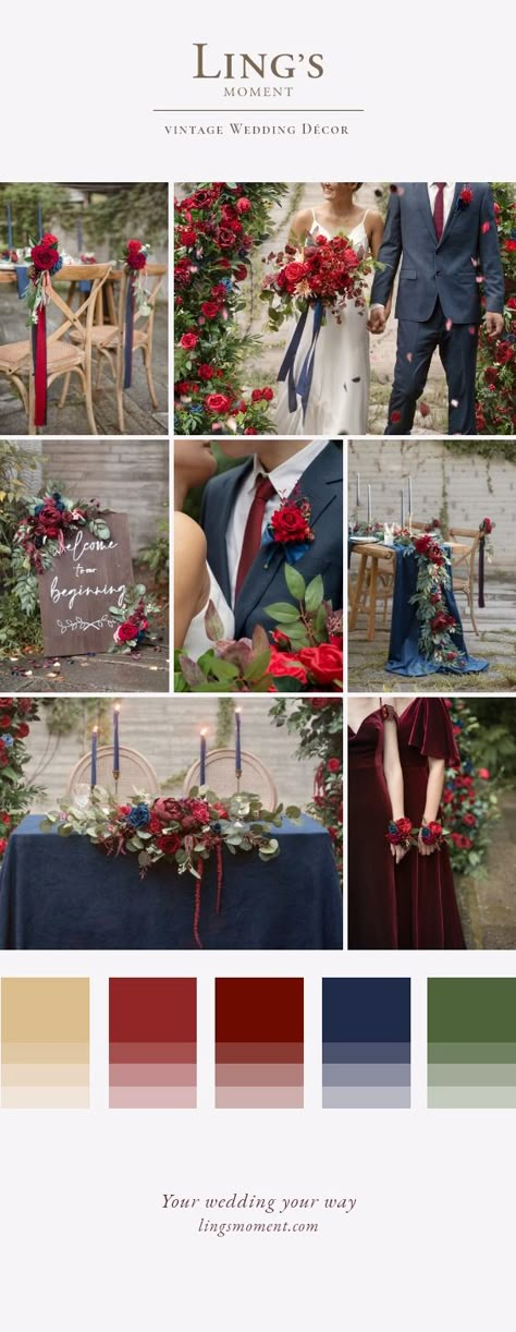 Red Blue Black Wedding, Slate Blue And Red Wedding, Indian Wedding Decor Color Schemes, Navy Blue And Red Wedding Theme Colour Schemes, Red Black Royal Blue Wedding Theme, Red And Blue Wedding Colors, Midnight Blue And Red Wedding Theme, Blue Red Gold Wedding Theme, Red Blue And Green Wedding