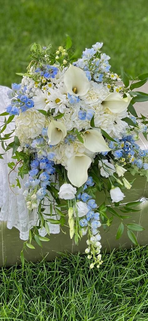 Hydrangea Calla Lily Bouquet, Blue Hydrangea White Lily Bouquet, Lillie Wedding Bouquets, Cascading Hydrangea Bouquet, Calla Lily Bridal Bouquet Blue, Hydrangea And Lily Bouquet, Lily And Hydrangea Bouquet, Blue And White Hydrangea Bouquet, Lily And Daisy Bouquet