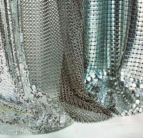 When trying to create a one-of-a-kind luxury design, when you need the type of material to make a splash, the metal mesh from Whiting & Davis is the one.... Metal Curtain, Top Crafts, Metallic Fabric, Sequin Fabric, Metal Mesh, Color Textures, Architectural Elements, Textures Patterns, Mesh Fabric