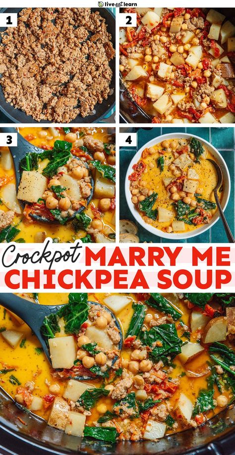 If you're part of our viral "Marry Me" recipe movement, prepare to swoon over this slow cooker Marry Me chickpea soup (for real, it practically cooks itself!). Made with tender chickpeas, vibrant veggies, and our world-famous Tuscan sauce, it's the perfect combo of cozy and nutritious. Trust me, this one is a keeper! Marry Me Chickpea Soup, Crockpot Plant Based Recipes, Slow Cooker Vegetarian Recipes, Tuscan Sauce, Retreat Recipes, Chickpeas Soup, Halloween Meal, Vegetarian Slow Cooker Recipes, Winter Picnic