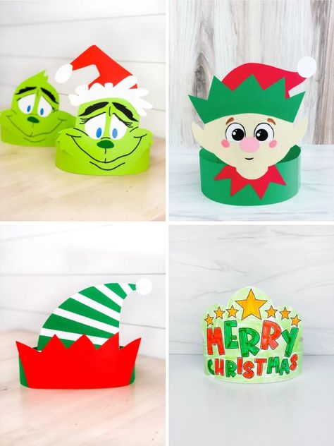 If your kids enjoy making headbands, they'll have a blast making any of these fun headband crafts for kids! They all come with a free printable template too! Make them with preschool, pre k, and kindergarten children. Christmas Hat Crafts For Kids, Elf Headband Craft For Kids, Grinch Headband Craft, Headband Crafts For Kids, Christmas Headband Craft, Grinch Headband, Paper Headband, Diy Christmas Hats, Funny Christmas Hats