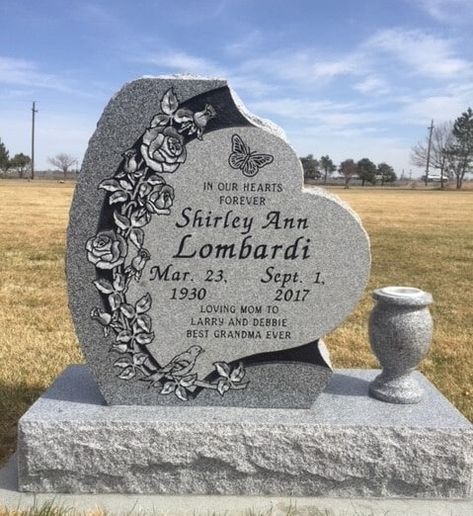 This headstone is so lovely. The heart shape is great, and so is the line of flowers on the side. This is the kind of monument I'd want when I'm buried. Head Stone Ideas, Head Stones Cemetery Ideas, Grave Stones Ideas, Monument Ideas, Grave Monuments, Grave Headstones, Grave Stone, Tombstone Designs, Granite Headstones