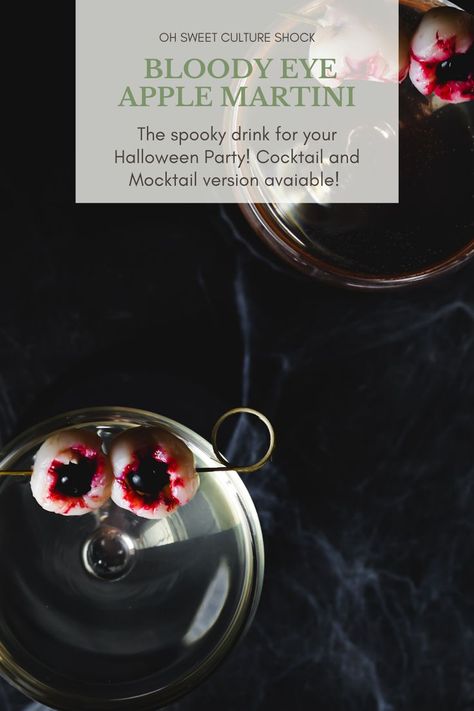 This Bloody Eye Apple Martini is the Halloween cocktail you were looking for! Combining delicious fall flavors with a spooky touch makes this cocktail the star of your Halloween party this year! Using Lychees and blueberries you make super spooky eyes to swim in your drink. There is a cocktail as well as a mocktail version of this creepy drink. Apple Martini Recipe, Drink Flavors, Gluten Free Halloween, Lychee Martini, Alcholic Drinks, Apple Martini, Halloween Cocktail, Spooky Eyes, Cocktail And Mocktail