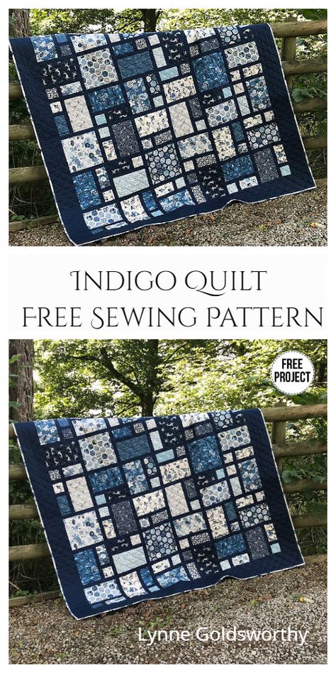 Indigo Quilt Free Sewing Pattern Indigo Quilts, Fabric Art Diy, Blue Quilt Patterns, Denim Quilt Patterns, Japanese Quilt Patterns, Blue And White Quilts, Indigo Quilt, Denim Quilts, Big Block Quilts