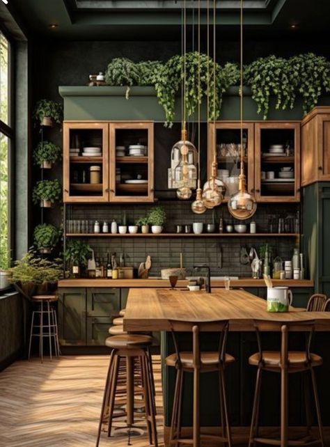 Earthy Kitchen, Moody Kitchen, Dark Green Kitchen, Green Room, Dark Kitchen Cabinets, Kitchen Inspiration Design, Wood Interiors, Decoration Inspiration, Styl Boho