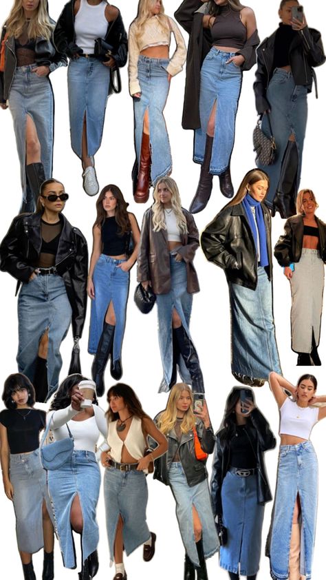 Jean Skirt Outfits Fall, Jean Skirt Outfits Summer, Long Denim Skirt Outfits, Denim Skirt Outfit Fall, Skirt Outfits For Women, Denim Midi Skirt Outfit, Long Denim Skirt Outfit, Fashion Dresses For Women, Jean Skirt Outfits