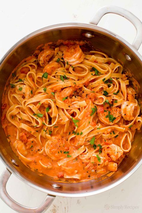 Easy 30-minute Shrimp Pasta with creamy tomato vodka sauce! You'll want to make this again and again. On SimplyRecipes.com Tomato Vodka Sauce, Seafood Ideas, Pasta Alla Vodka, Shrimp Pasta Recipe, Vodka Sauce Pasta, Pasta With Shrimp, Tomato Pasta Recipe, Seafood Pasta Recipes, Alla Vodka