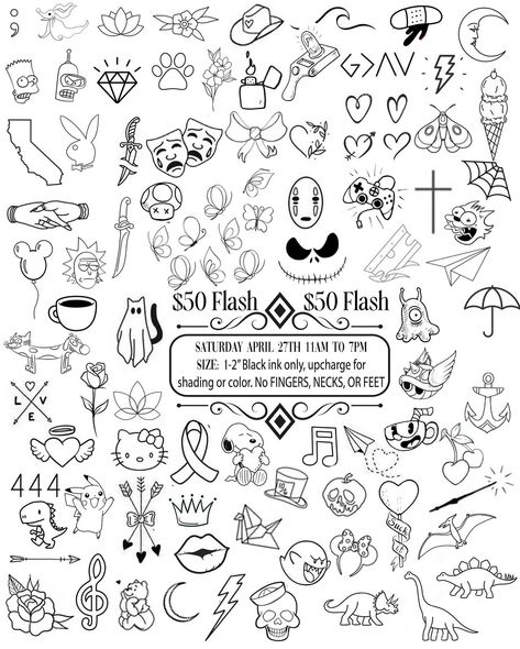 $50 Tattoo Flash Sale! $50 Tattoo Flash from our sheet Saturday April 27th 11am to 7pm DONT LIKE OUR FLASH? Submit your own design via DM for $70! (Your design should be similar to a simple outline flash tattoo) No feet, necks or fingers Black ink only, additional charge for color/shading Wylde Sydes Tattoo 1515 Palm Ave San Diego CA 92154 Cash only! Walkins only starting at 11am! Questions? Call 619-575-6792 Tattoo Flash Sheet Men, Mini Funny Tattoo, Tattoo Graphic Design Ideas, Anti Social Tattoo Ideas, Random Flash Tattoo, Flash Sheets Tattoo, Leg Tattoo Flash, Finger Tattoo Flash, Flash Tattoos Men