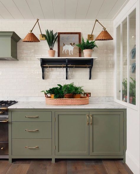 Sage Green Paint Color, Sage Kitchen, Sage Green Paint, Sage Green Kitchen, Mediterranean Kitchen, Green Kitchen Cabinets, Laundry Room Cabinets, Farrow And Ball Paint, Green Paint Colors