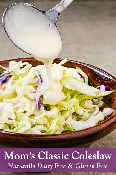 Dairy Free Coleslaw, Classic Coleslaw Recipe, Classic Coleslaw, Dairy Free Dressing, Winter Side Dishes, Food Sandwiches, Vegan Potluck, Vegan Coleslaw, Slaw Dressing